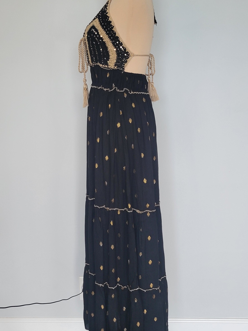 NWT Crochet Boho Coquette Bohemian Black Gold Tiered Maxi Dress Sz Large/XL - Picture 10 of 16